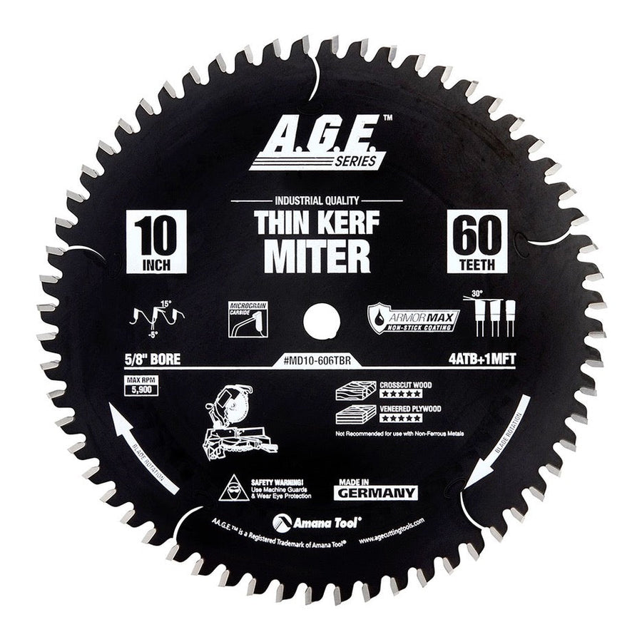 Amana Tool Thin Kerf Crosscut Circular Saw Blade 10 Inch x 60T ATB+MFT with 5/8 Inch Bore