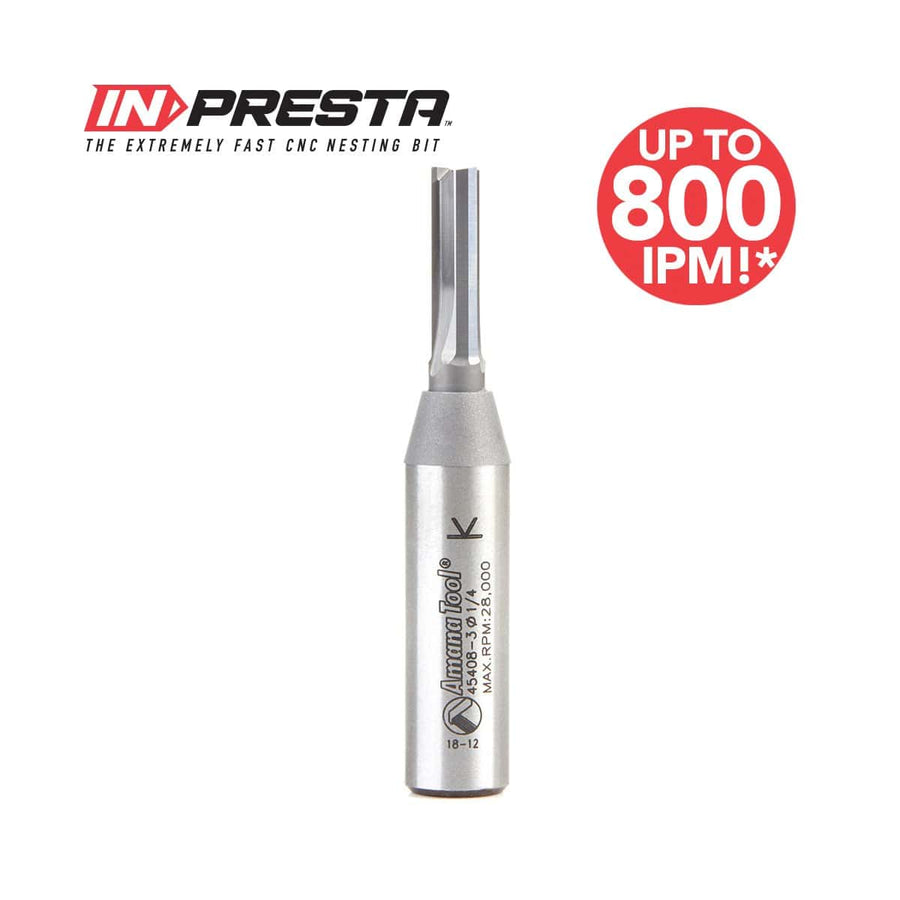 Amana Tool 45408-3 CNC Router Bit CNC In-Presta™ 3 Flute Solid Carbide Cutting Edge Straight Plunge High Production 1/4" Diameter x 3/4" x 1/2" Shank