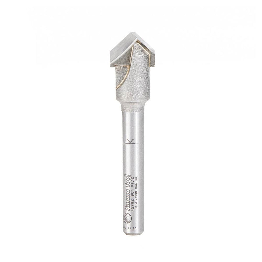 Amana Tool 45792 CNC Router Bit Carbide Tipped Double Edge Folding V-Groove 90 Degree x 0.090 Inch Tip Width x 1/2 Diameter x 13/64 x 1/4 Inch Shank