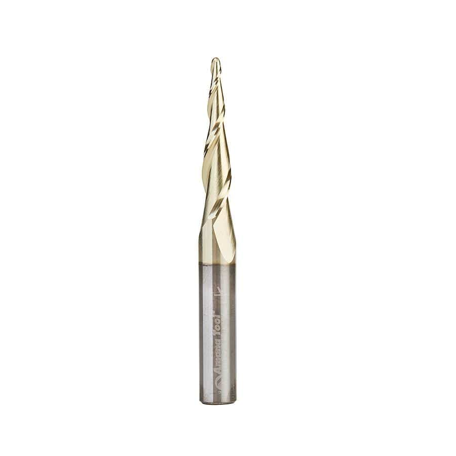 Amana Tool 46252-S CNC Router Bit CNC 2D and 3D Carving 5.5 Deg Tapered Angle Ball Tip x 1/16 Diameter x 1/32 Radius x 1 x 1/4 Shank x 2-1/4 Inch Long x 2 Flute Solid Carbide Up-Cut Spiral ZrN Coated Router Bit