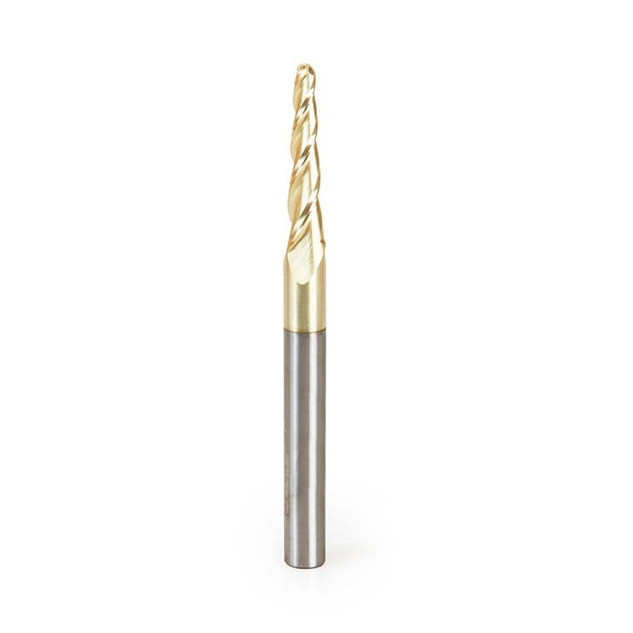 Amana Tool 46286 CNC Router Bit CNC 2D and 3D Carving 3.6 Deg Tapered Angle Ball Tip 1/8 Diameter x 1/16 Radius x 1 x 1/4 Shank x 3 Inch Long x 3 Flute Solid Carbide Up-Cut Spiral ZrN Coated Router Bit