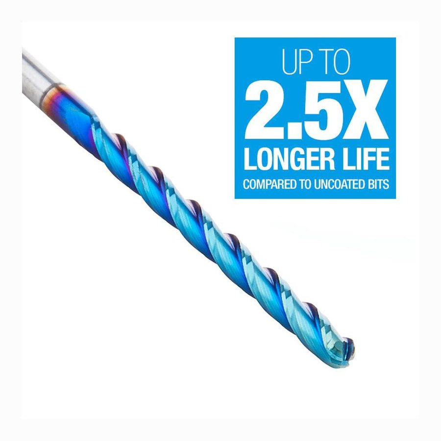 Amana Tool 46295-K CNC Router Bit CNC 2D and 3D Carving 0.10 Deg Tapered Angle Ball Tip x 1/8 Diameter x 1/16 Radius x 1-1/2 x 1/8 Shank x 3 Inch Long x 3 Flute Solid Carbide Up-Cut Spiral Spektra™ Extreme Tool Life Coated Router Bit