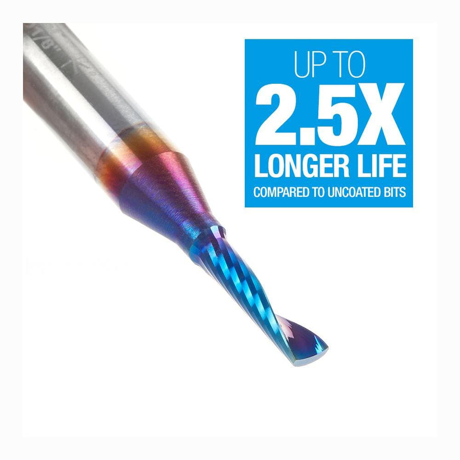 Amana Tool 51411-K CNC Router Bit Solid Carbide CNC Spektra™ Extreme Tool Life Coated Spiral 'O' Flute, Plastic Cutting 1/8 Diameter x 1/2 x 1/4 Shank Up-Cut Design Router Bit