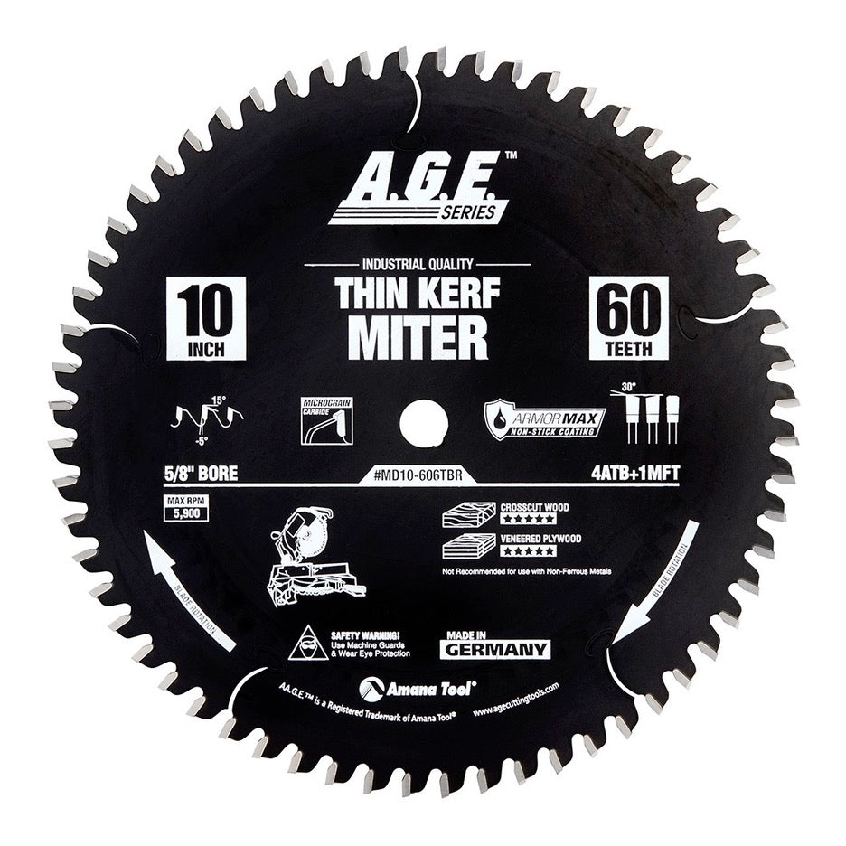 Amana Tool MD10-606TBR Saw Blade Amana Tool Thin Kerf Crosscut Circular Saw Blade 10 Inch x 60T ATB+MFT with 5/8 Inch Bore